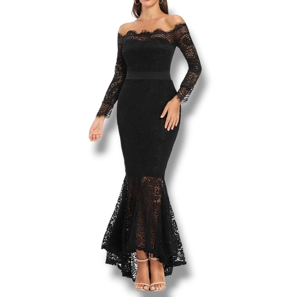 LALAGEN - XXL Black One-Shoulder Lace Mermaid Gown - Picture 6 of 16